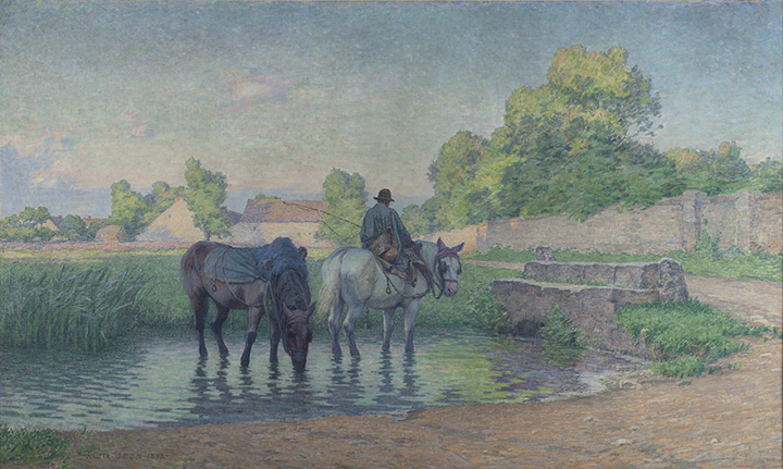 landscape painting of horses drinking water