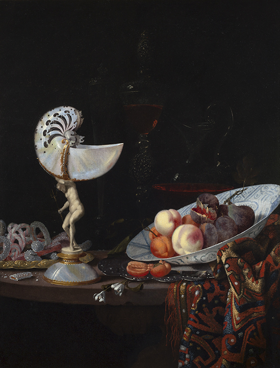 painting of still life featuring fruit and nautilus shell