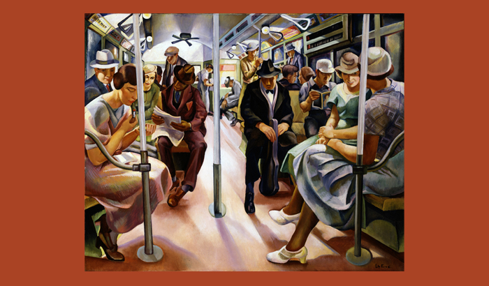 oil painting for lily furedi of passengers on a subway