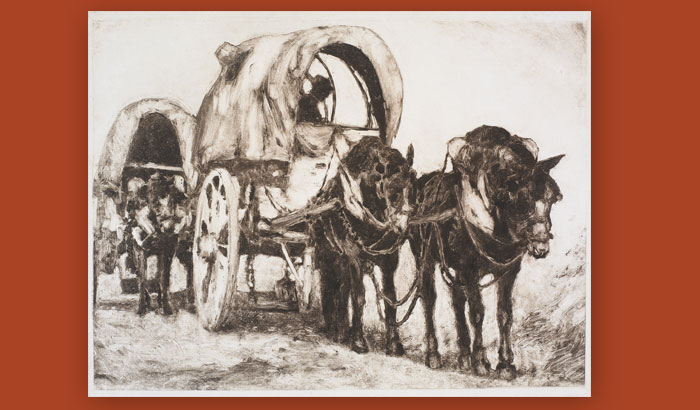 monotype of a mule train