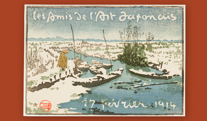 color woodcut of a canal in winter