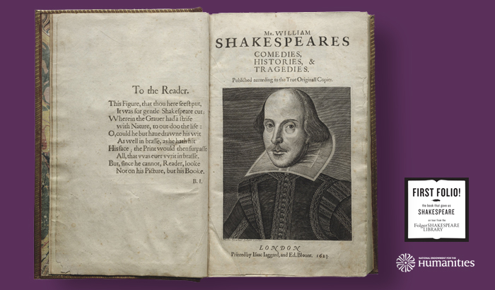 Title page of a Shakespeare book featuring his image