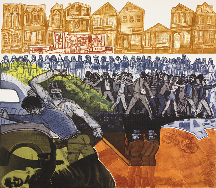 protest print showing buildings, protestors, police