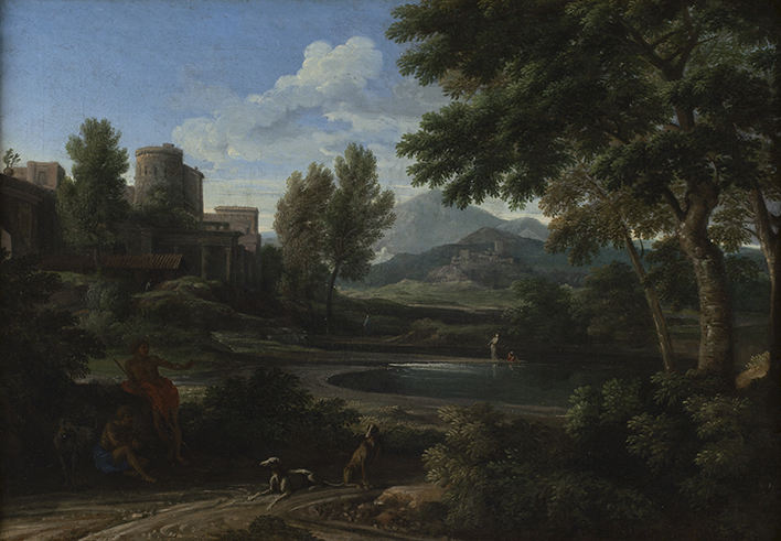 Landscape painting showing mountains and buildings on a hill in the background, a road with figures on it winding around a lake in the foreground.