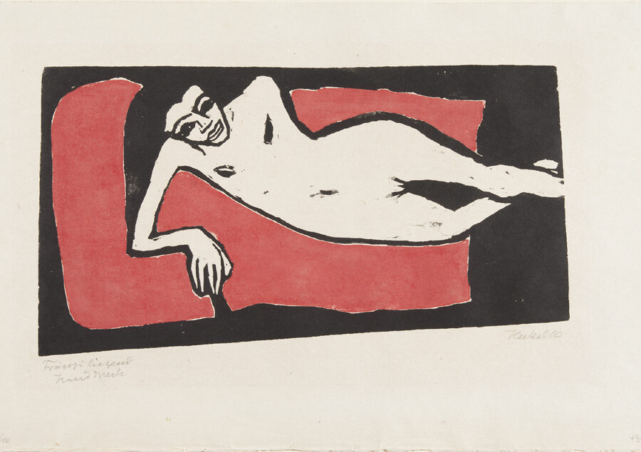reclining figure woodcut, red and black