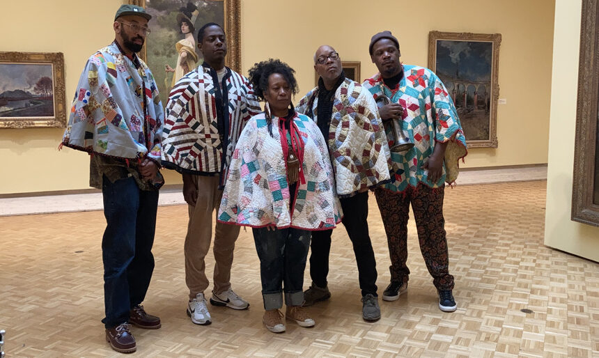 From left Rich Medina, Sanford Biggers, Lynore Routte, Mark Hines, and Keyon Harrold in Gallery V (5) during a re:mancipation workshop in April 2022.