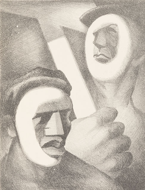 The two men in this image are represented as noble figures with stylized features. The visible hand holding a tool highlighted in a way to create the letter “I” appears quite large, a reminder of the importance of manual labor