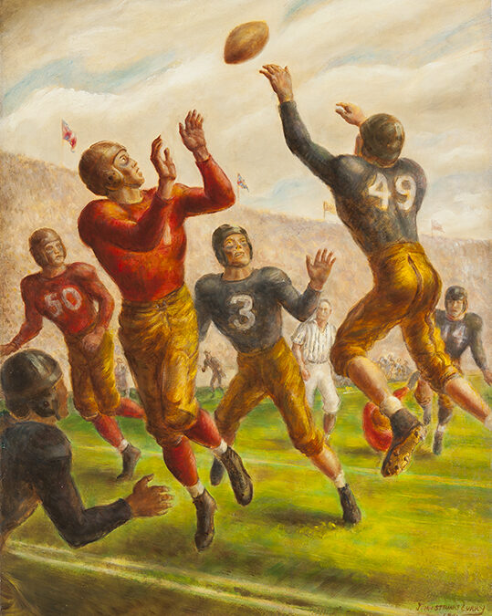 John Steuart Curry (American, 1897–1946), An All-American (Forward Pass), 1941, mixed media on canvas mounted to hardboard, 41 x 31 in., gift of Abbott Laboratories, Chicago, transfer from the Wisconsin Athletics Department, 2013.8.