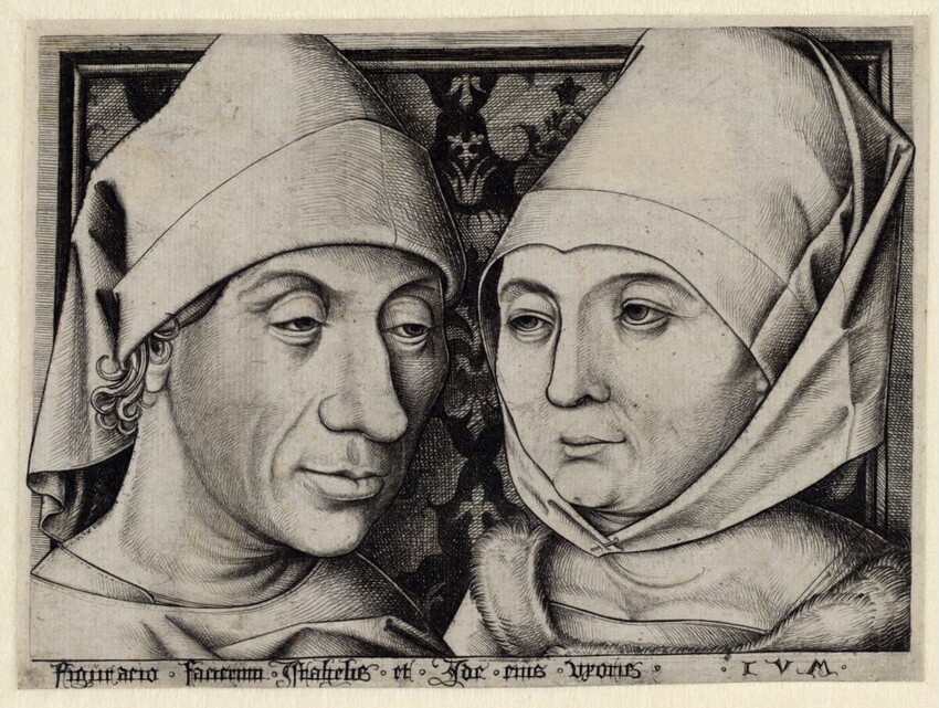 srahel van Meckenem German, 1440/1444-1503 Double Portrait of Israhel van Meckenem and his Wife Ida ca. 1490 Engraving 13.1 x 17.8 cm Albertina Museum accession #DG1926/938
