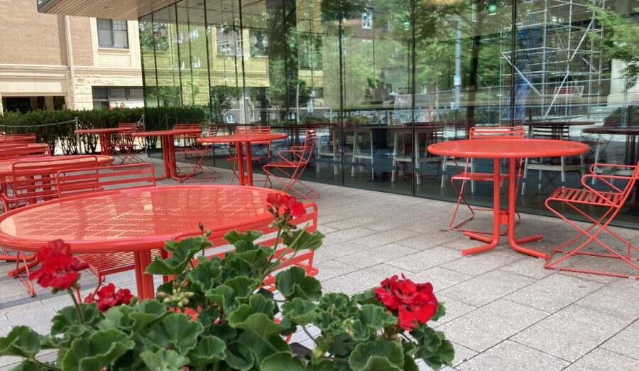 red flowers and red tables
