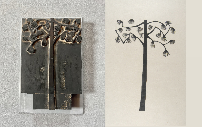 A woodblock and its resulting print