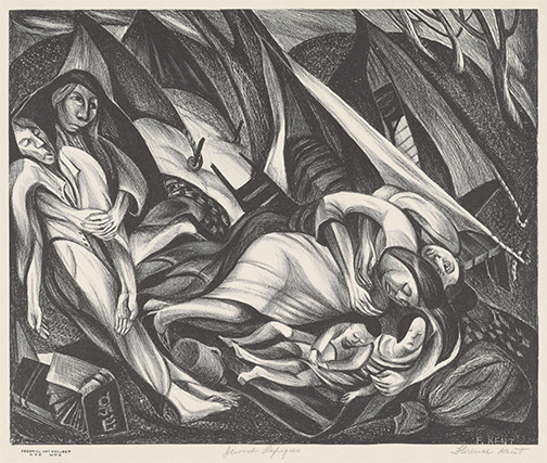 A black-and-white lithograph depicts several figures in dynamic, intertwined poses within a dense, shadowy forest setting.