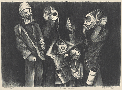 A group of figures wearing gas masks stand in a dark, somber scene, conveying a sense of dread and confinement.