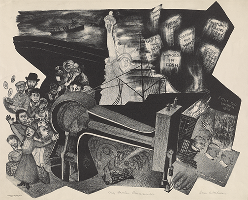 A black-and-white print depicting a surreal scene with figures, machinery, and floating signs advocating for wages and labor rights.